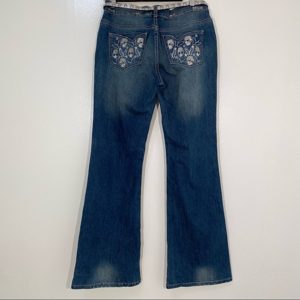 Vanilla Star medium wash skull embroidered mini flare jeans 11